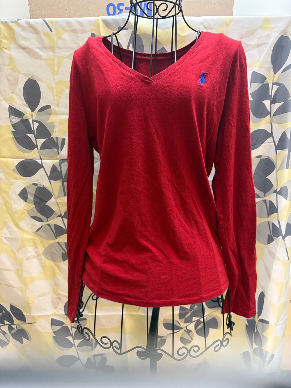 Ralph Lauren Red V-Neck Long Sleeve Tee with Blue Pony Logo